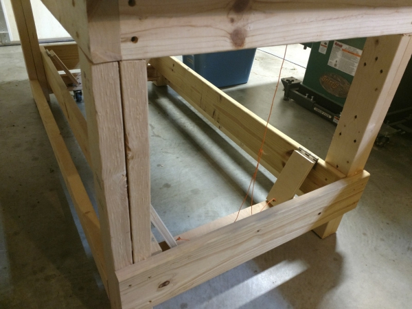 Closeup of the workbench legs and stretchers