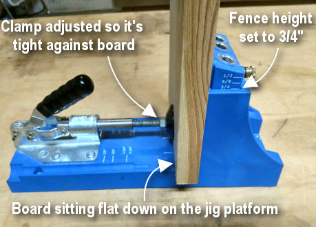 Pocket hole jig diagram showing initial jig setup