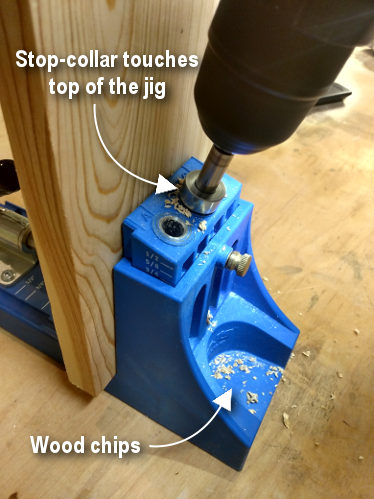 Diagram showing pocket hole jig in use when drilling