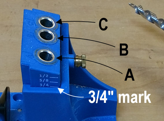 Pocket hole joinery jig diagram with holes and height guide