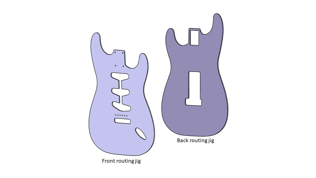 Illustration of laser cut tooling for a router jig for a custom electric guitar